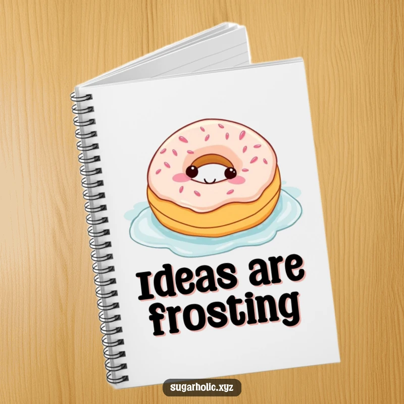 Funny notebook cover featuring a happy donut character swimming in a frosting pool, encouraging creative writing.