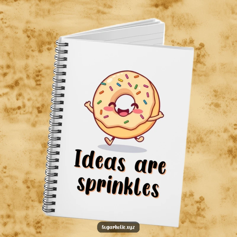 Funny donut notebook with a smiling face and sprinkles, depicted mid-hop, perfect for note-taking and doodling.