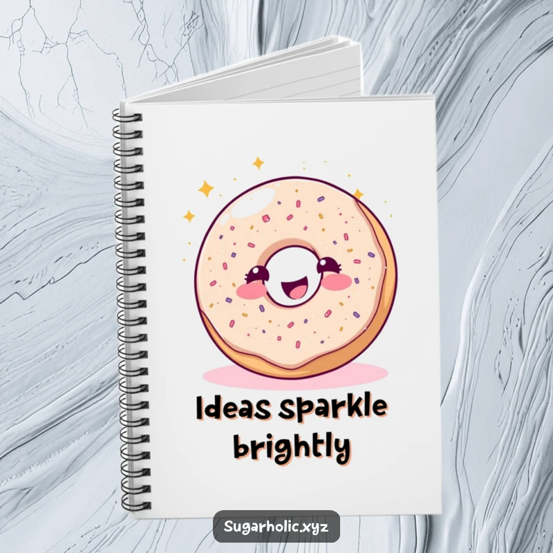Funny sparkling donut character joyfully sprinkling glitter on a notebook cover, inspiring creative and sweet notes.