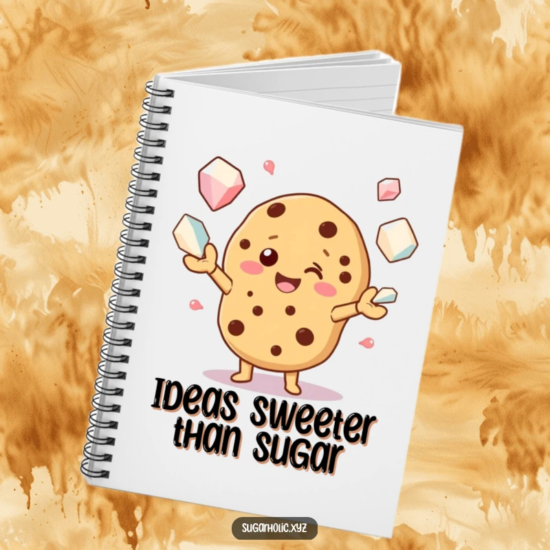 Funny notebook with a beaming cookie character juggling large sugar crystals, perfect for jotting down recipes and ideas.