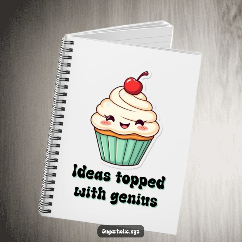 Funny notebook featuring a cheerful cupcake with a cherry, in a happy cheering pose.