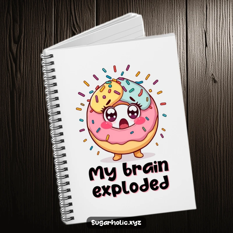 Funny Notebook with a surprised donut character and a sprinkle explosion, perfect for jotting down creative ideas and notes.