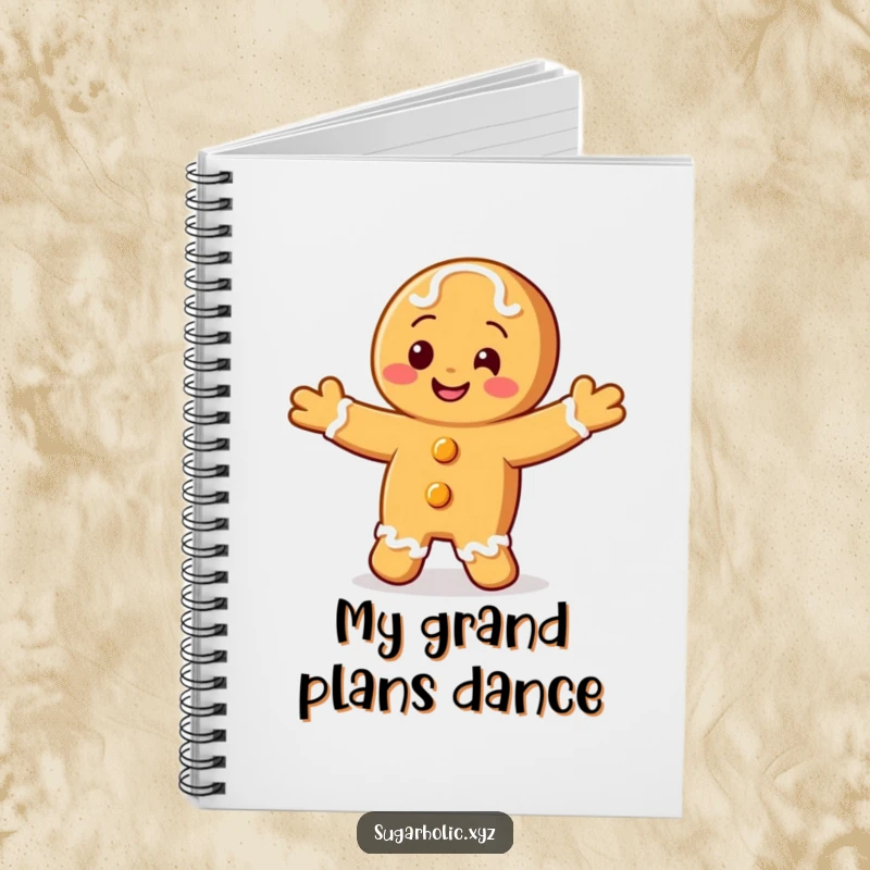 Funny notebook featuring a smiling gingerbread cookie character doing a happy dance.