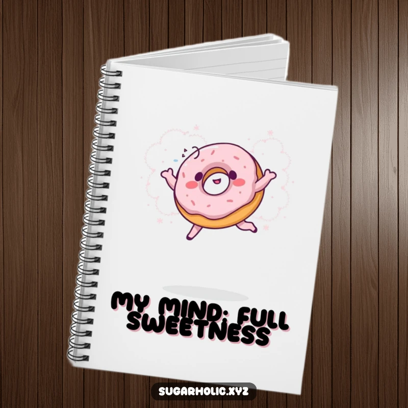 Funny donut notebook with a giggling donut mid-jump into a cloud of powdered sugar, perfect for notes and humorous inspiration.