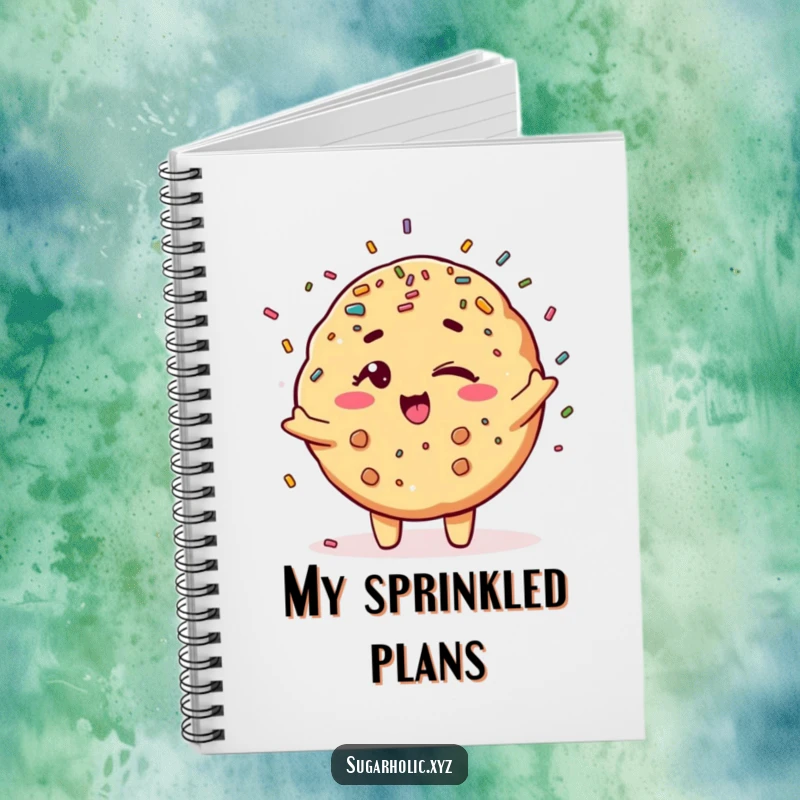 Funny winking cookie character showering sprinkles, a cute and humorous notebook for jotting ideas.