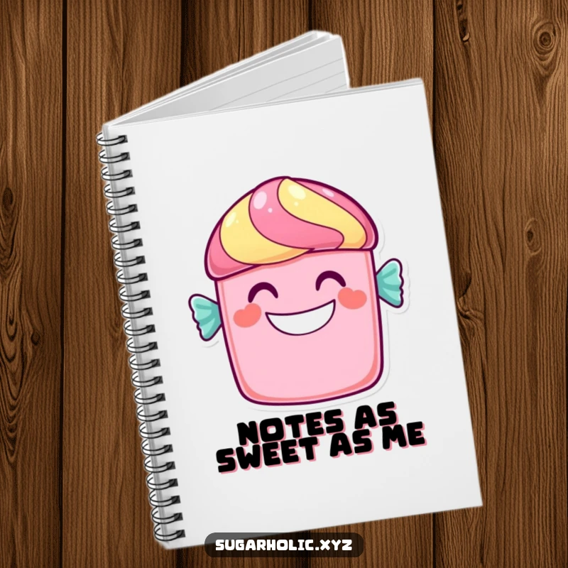 Funny candy bar notebook with a cheerful character and a wide, sweet grin, perfect for note-taking and doodling.