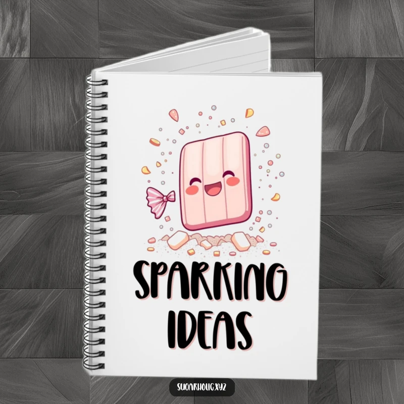 Funny whimsical candy bar shattering into sparkling sugar particles on a notebook, inspiring fun notes and dazzling journaling.