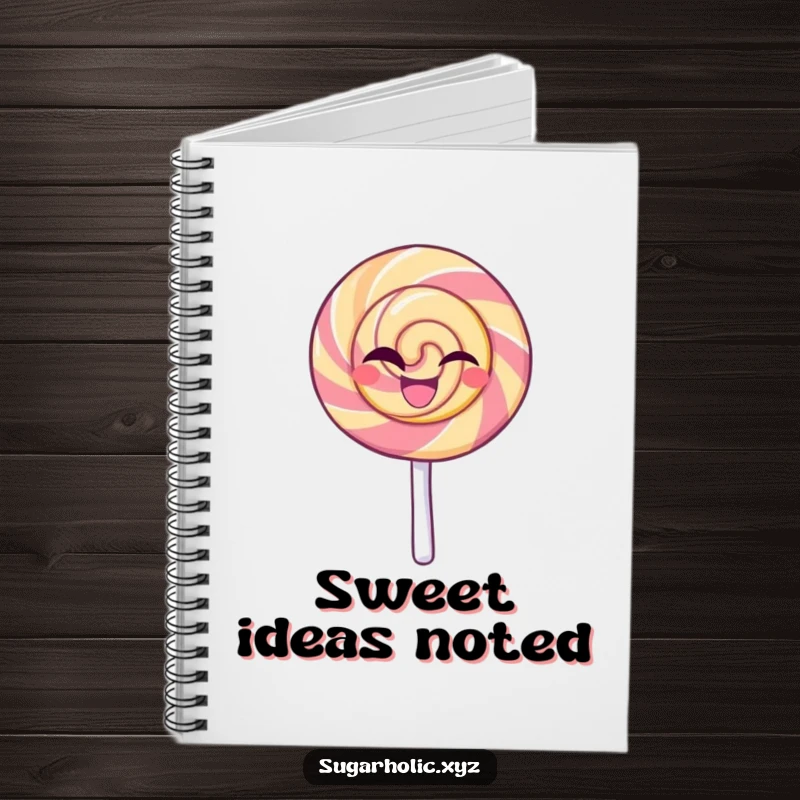 Funny notebook with a beaming lollipop character giving a confident wink, ideal for journaling and capturing sweet ideas with a playful touch.