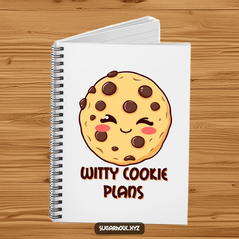 Funny winking cookie notebook featuring a delighted chocolate chip cookie giving a mischievous wink, ready for your notes and sweet secrets.