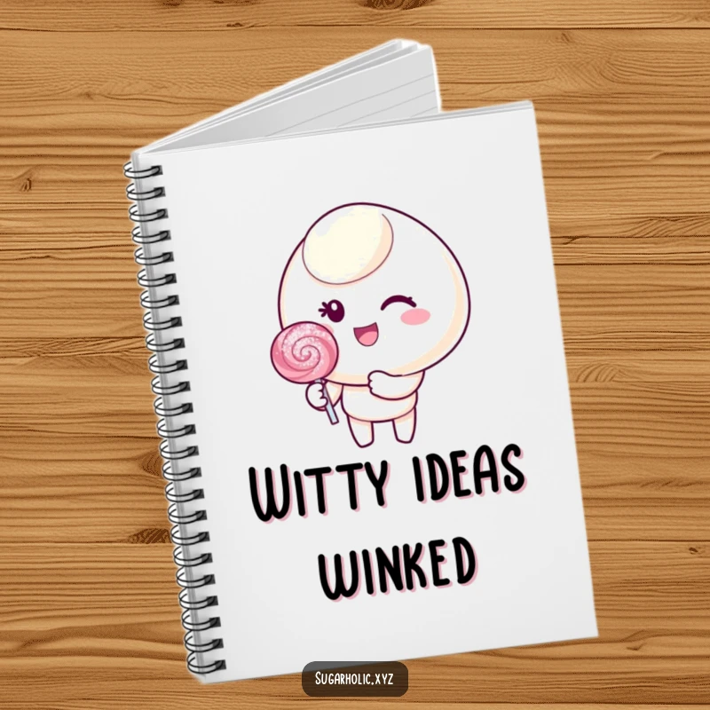 Funny notebook cover with a candy character winking and holding a lollipop, designed for sweet note-taking.