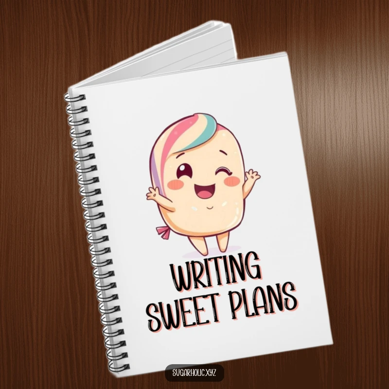 Funny candy notebook cover with a smiling candy character performing a flamboyant curtsy. Great for journaling and note-taking.