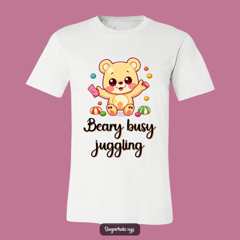 Funny Gummy Bear Juggling T-Shirt - Colorful Candy Chaos Tee
