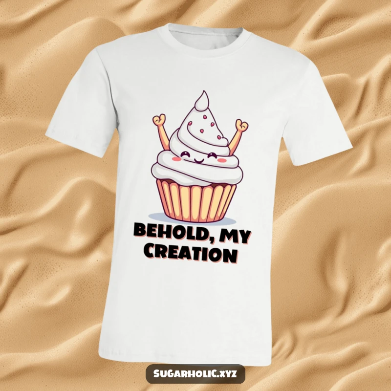 Funny t-shirt with a triumphant cupcake proudly offering a sugary mountain, representing sweet achievements.