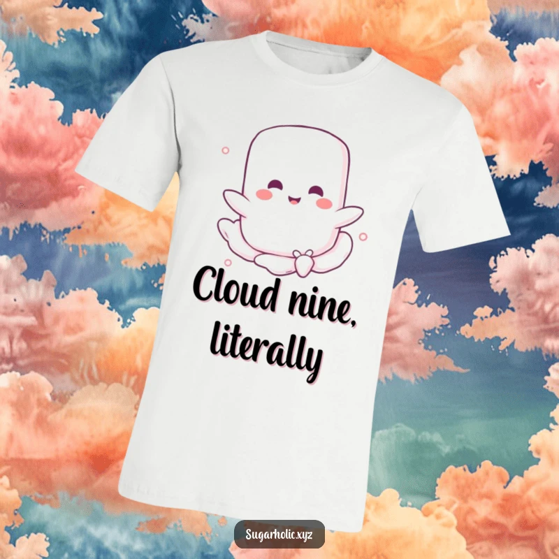 Funny t-shirt showcasing a joyful marshmallow character happily surfing a gentle, sugary breeze, embodying pure delight and a whimsical, sweet disposition.