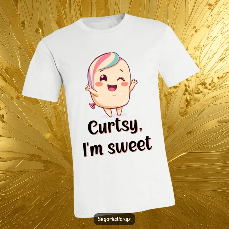 Funny candy t-shirt featuring a smiling candy character doing a flamboyant curtsy. Expresses elegance, humor, and a love for performance.