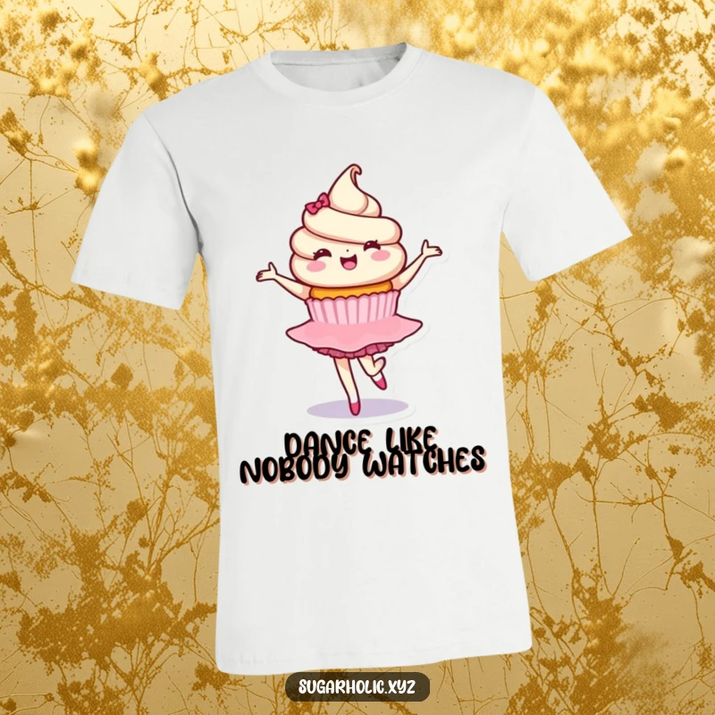 Funny t-shirt with a delighted cupcake character in a graceful ballet twirl, exuding sweetness and elegant movement, ideal for casual wear.