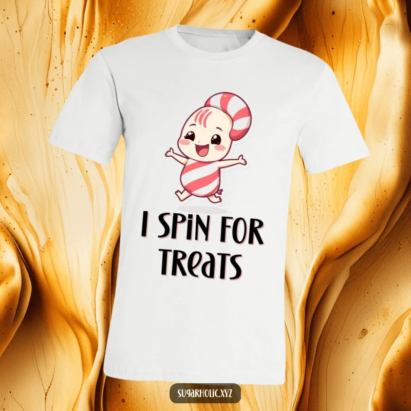 Funny grinning candy cane character doing a playful spin on a comfortable t-shirt, perfect for spreading cheer.