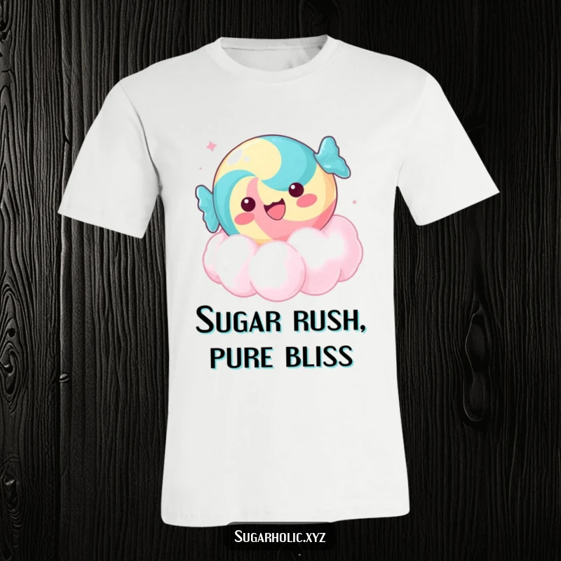 Funny delighted candy t-shirt, floating on a sugar cloud, ideal for humorous casual wear and as a gift.