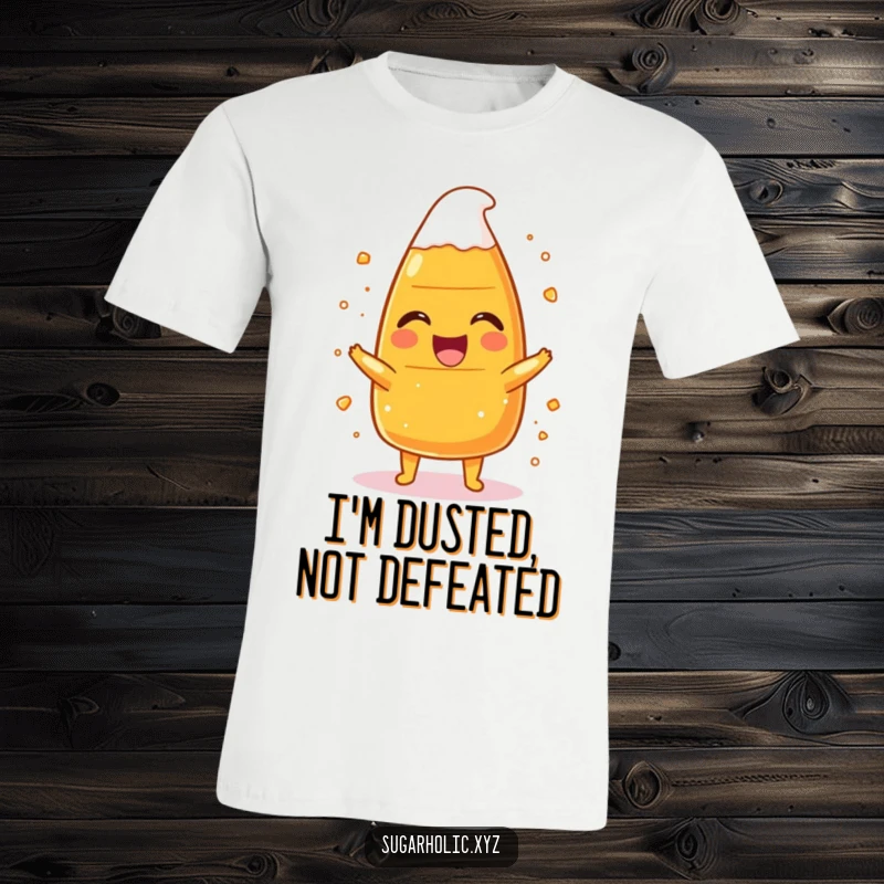 Funny candy corn character caught mid-laugh, dusted with sugar, on a comfortable and humorous t-shirt.