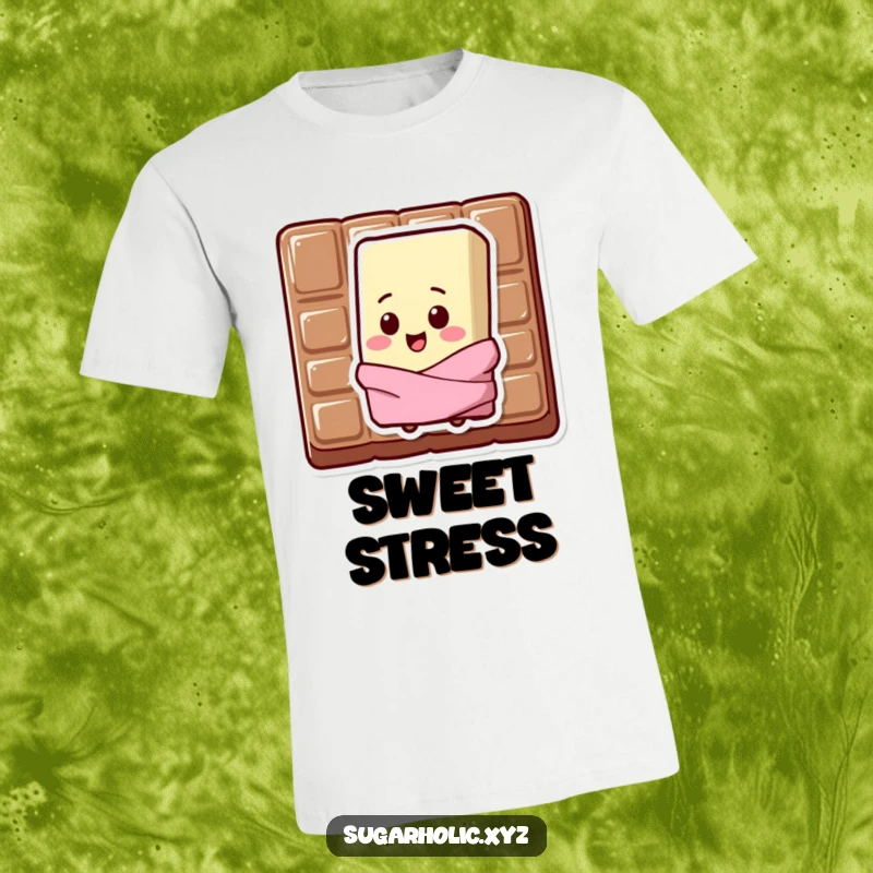 Funny T-Shirt of a chocolate bar character with a happy chip on its shoulder, sweating intensely.