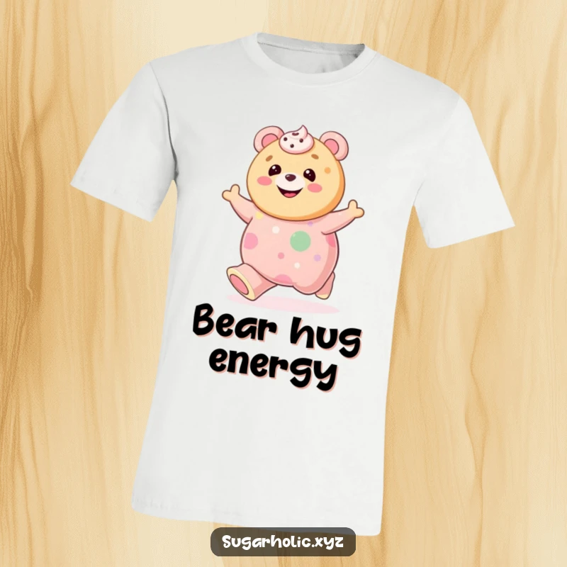 Funny cookie with a frosting smile bouncing on a giant gummy bear on a t-shirt, showcasing playful energy and happiness.
