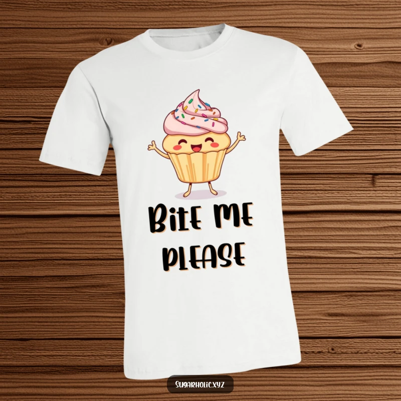 Funny Cupcake T-Shirt: A happy cupcake with sprinkles bounces and offers a bite, showcasing a fun and humorous illustration.