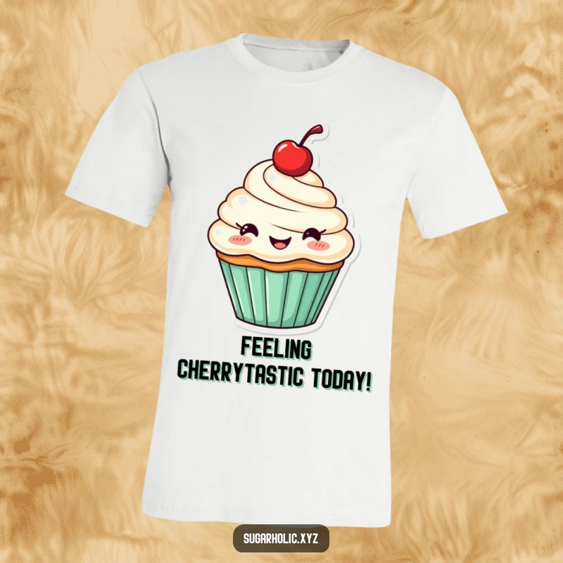 Funny t-shirt depicting a cheerful cupcake with a cherry, enthusiastically cheering.