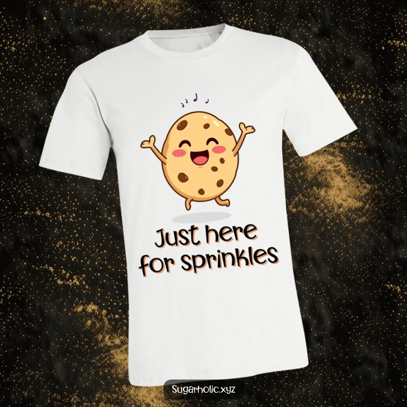 Funny t-shirt featuring a happy cookie doing a delighted dance with a sugar sprinkle, celebrating sweetness.