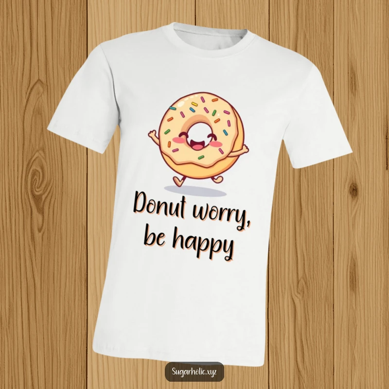 Funny donut t-shirt with a smiling face and sprinkles, depicted in a joyful hop, representing sugary delight.