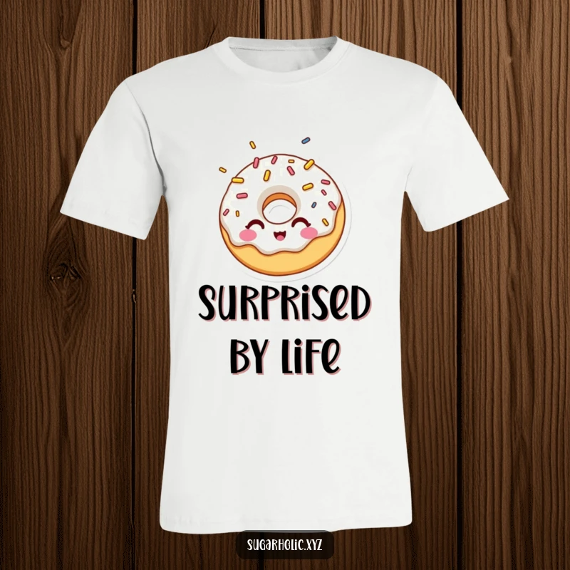 Funny t-shirt depicting a wide-eyed donut character winking mischievously while covered in vibrant sprinkles.