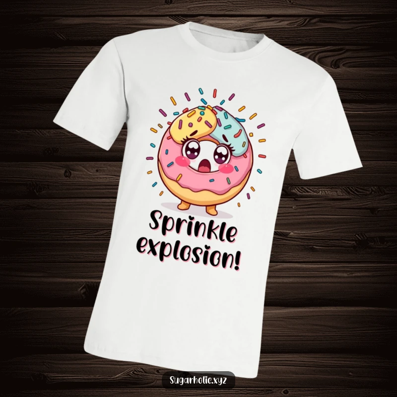 Funny T-Shirt depicting a surprised donut character with wide eyes from a vibrant explosion of sprinkles, showcasing playful shock.