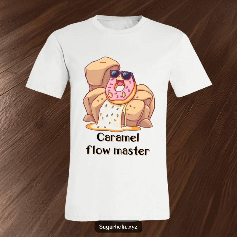 Funny donut with sunglasses gleefully sliding down a caramel waterfall, printed on a t-shirt, showcasing a cool and happy vibe.