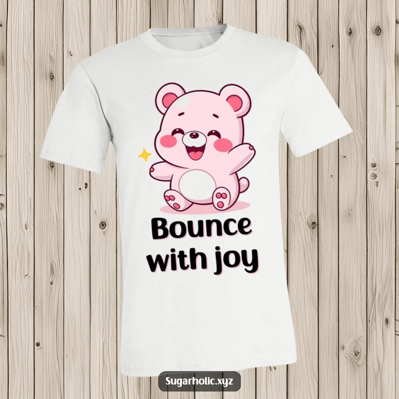 Funny t-shirt graphic of a grinning gummy bear in an energetic bounce, symbolizing joy, playfulness, and boundless enthusiasm.