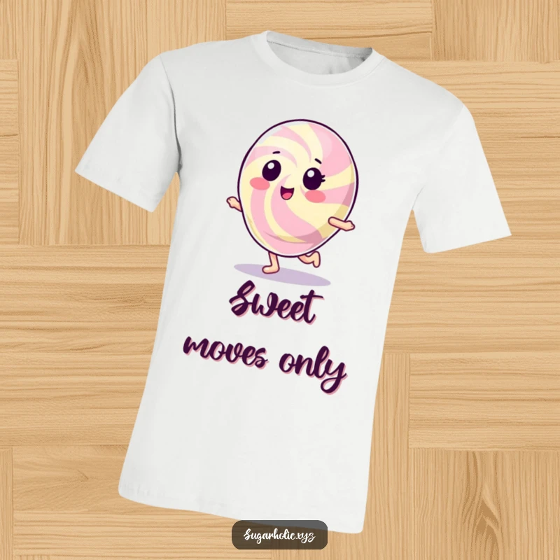 Funny Gumdrop Character T-Shirt: A bright, shiny gumdrop character captured mid-hop, radiating pure happiness and energy.