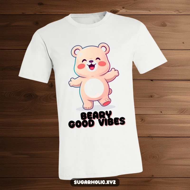 Funny T-Shirt illustrating a joyful gummy bear character in mid-dance, showing off energetic and happy moves with pure delight.