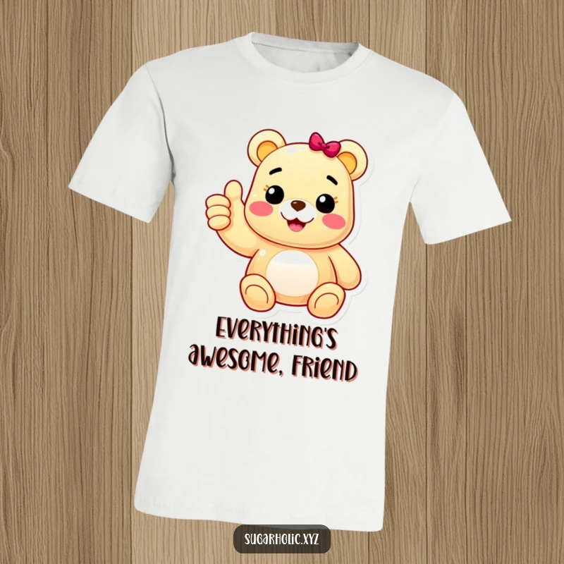 Funny t-shirt with a cheerful gummy bear character giving an enthusiastic thumbs up, exuding positivity and playful encouragement, ideal for casual wear.
