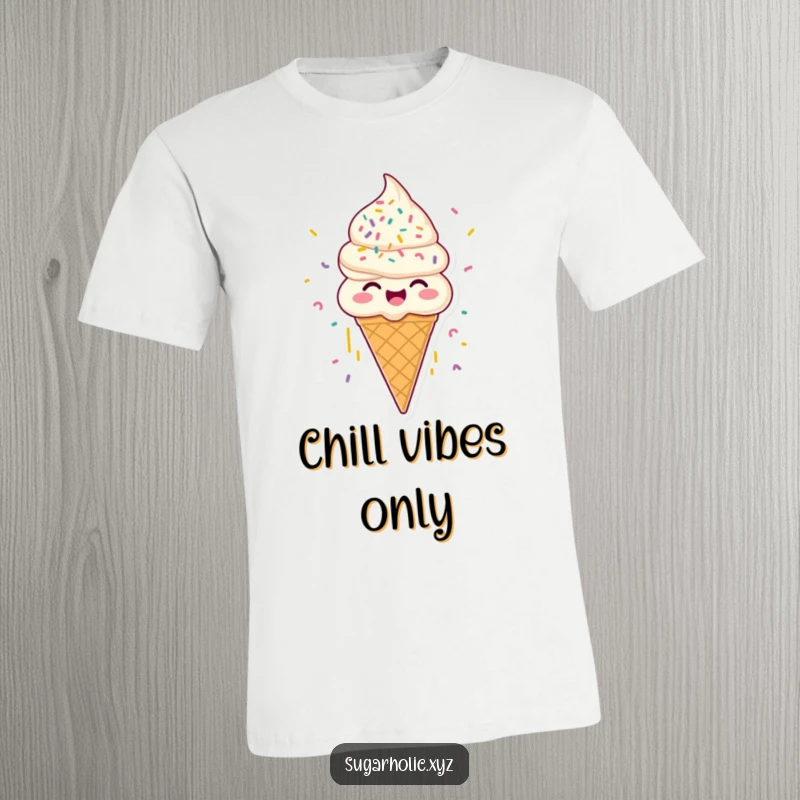Funny joyous ice cream cone t-shirt, with sprinkles raining down, ideal for humorous casual wear and as a gift.