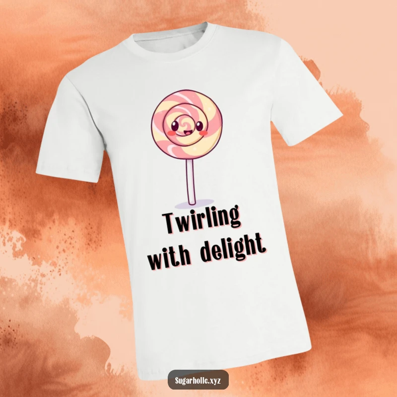Funny giggling lollipop with a swirl pattern doing a cartwheel on a t-shirt, radiating playful spirit and joy.
