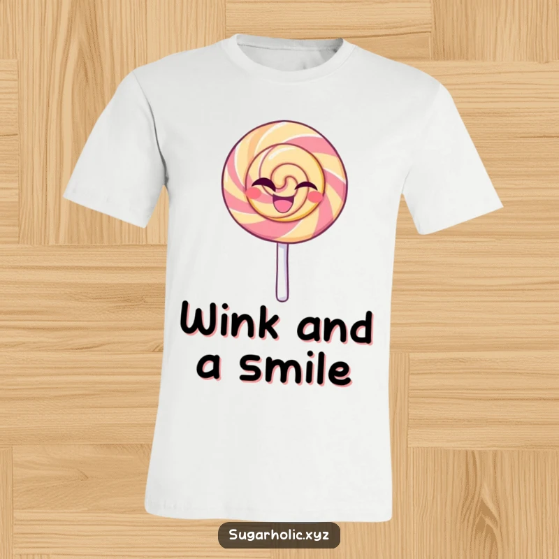 Funny t-shirt with a beaming lollipop character confidently winking, exuding sweetness and playful confidence, ideal for casual wear.