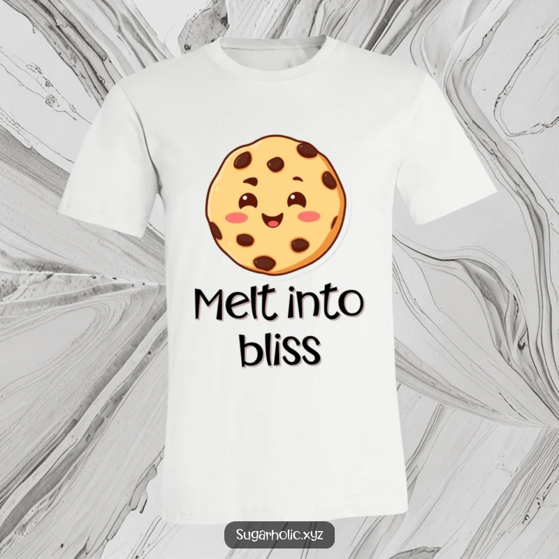 Funny T-shirt with a cheerful chocolate chip cookie character, smiling warmly, melting with pure happiness and joy.