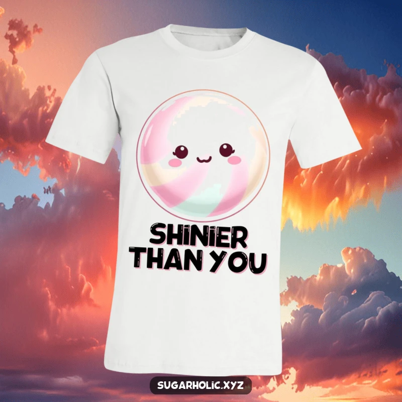 Funny T-Shirt: A beaming hard candy with a shimmering surface, symbolizing brightness and joyful energy.