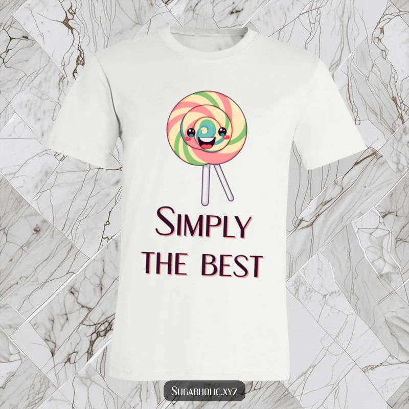 Funny T-Shirt: A happy lollipop with a swirling pattern energetically spinning, symbolizing joy and fun.