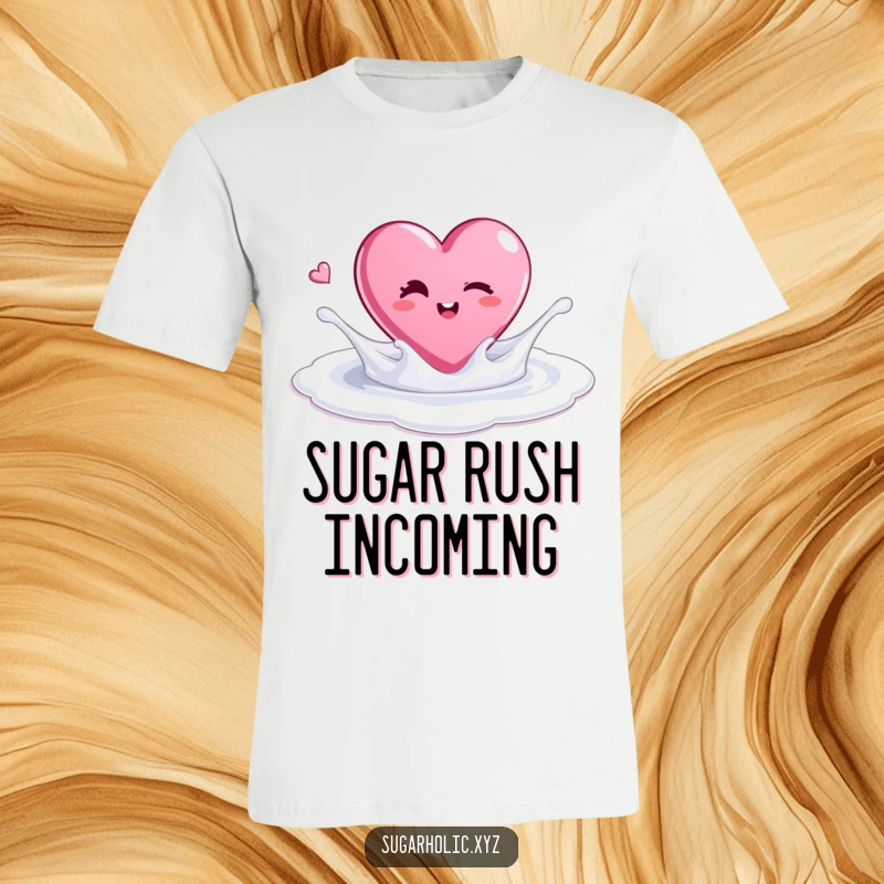 Funny t-shirt featuring a winking candy heart playfully splashing into a sugar pool, embodying sweet fun.