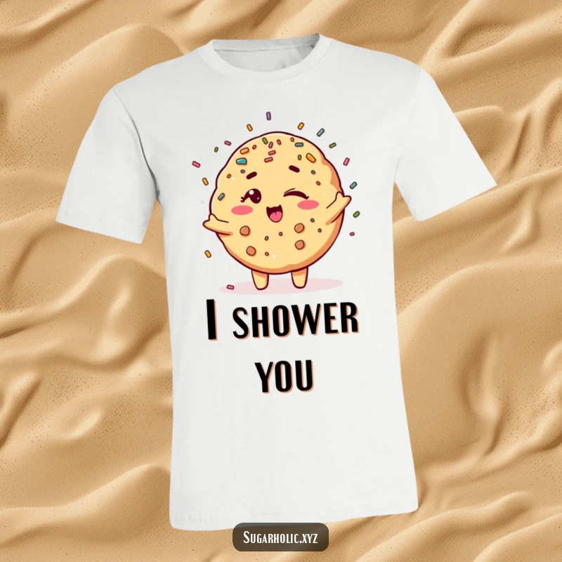 Funny winking cookie character showering abundant sprinkles, making a delightful and humorous t-shirt.