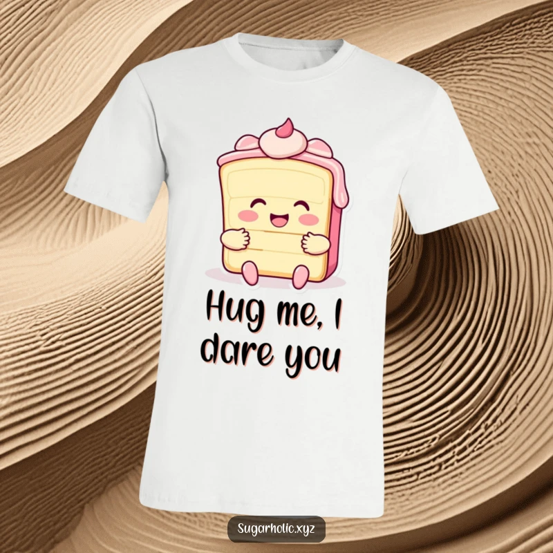 Funny t-shirt featuring a smiling cake slice with frosting, offering a big hug, ideal for sweet personalities.