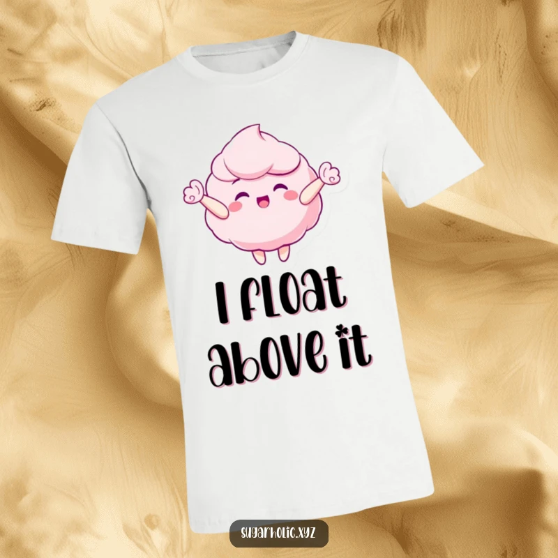Funny t-shirt with a gleeful candy floss character happily floating upwards, symbolizing pure joy and sweetness.
