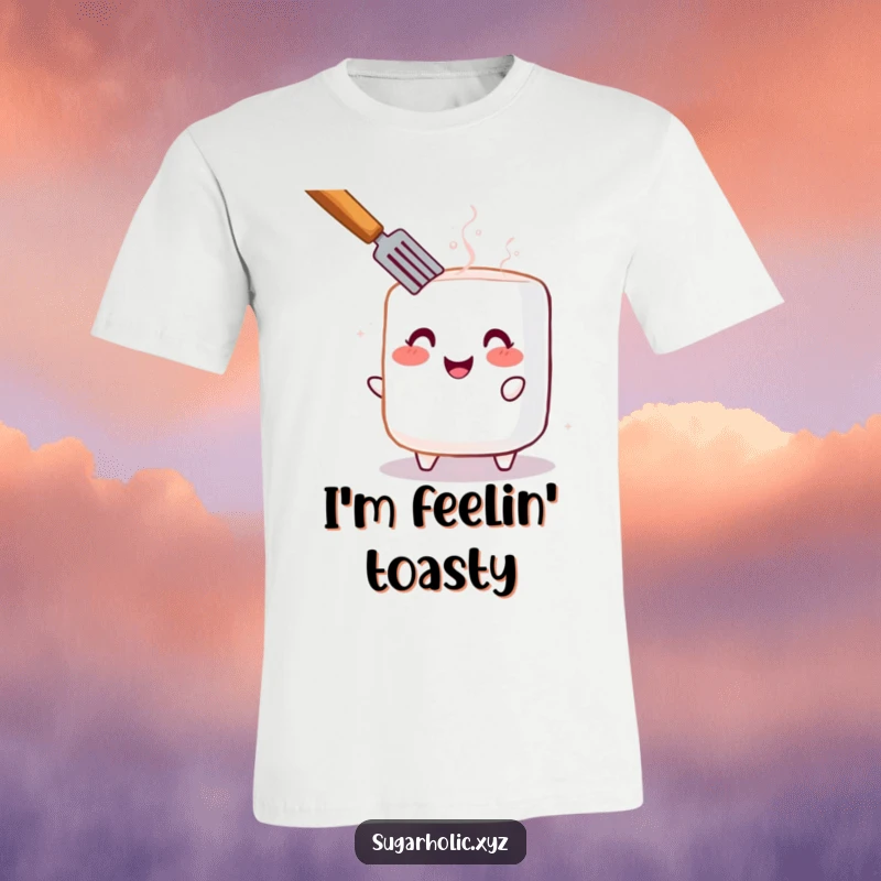 Funny T-shirt showcasing a cheerful, blushing marshmallow being toasted, bringing a warm and happy vibe.
