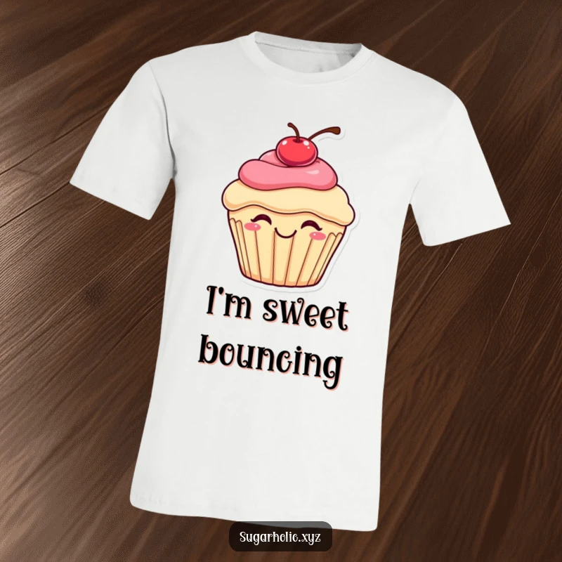 Funny bouncing cupcake t-shirt featuring a smiling cupcake with a cherry on top in a state of pure, delightful bouncing excitement, cute apparel.