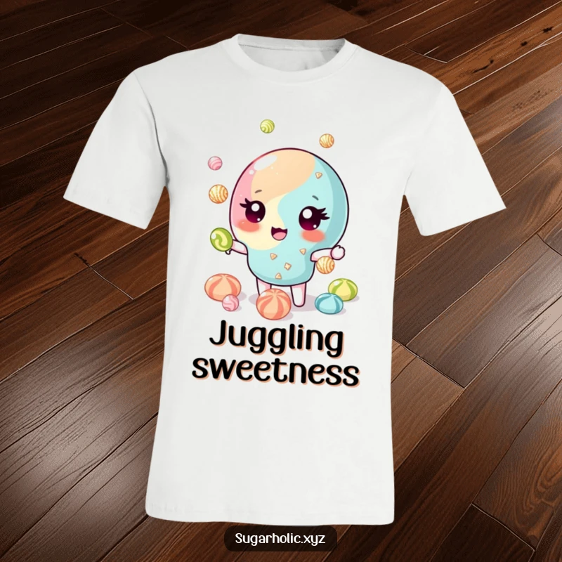 Funny T-Shirt: Winking candy piece juggling glittering candies, looking slick and skillful. Perfect funny gift.