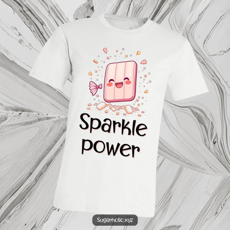 Funny whimsical candy bar shattering into sparkling sugar particles on a t-shirt, radiating pure, explosive joy.